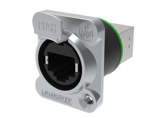 Female D-Style 8 Pin RJ45 Ethernet Chassis Connector Indoor Use IP44 PA66 Angled Connector for Aviation signal Connector