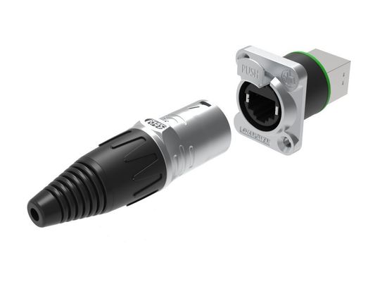 Female D-Style 8 Pin RJ45 Ethernet Chassis Connector Indoor Use IP44 PA66 Angled Connector for Aviation signal Connector