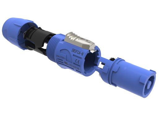 ใช้ในห้อง IP44 Triple Core Male Powercon Connector 3 Pin Port Audio Video Input Port โป๊กเกอร์ที่ล็อคได้ 20A 250V AC สีฟ้า